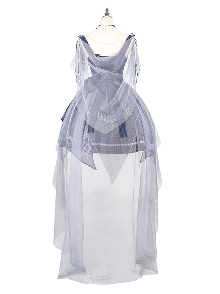 Lolita Dresses Tea Party Style Lolita Skirt Chains Sleeveless Polyester Lolita Wedding Dress Polka Dot Deep Blue