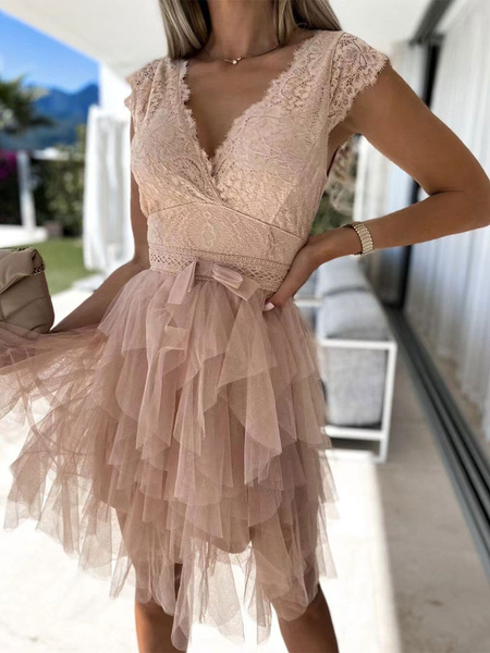 Summer Dress Pink V-Neck Lace Floral Print Polyester Beach Dress