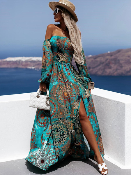 Summer Dress Cyan Blue Bateau Neck Split Front Printed Polyester Beach Dress