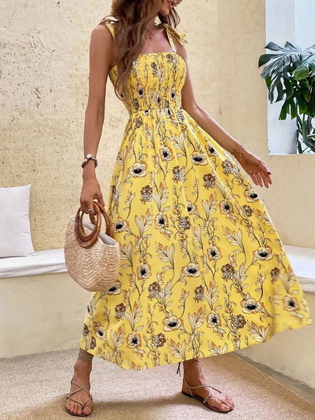 Summer Dress Yellow Straps Neck Lace Up Floral Print Polyester Beach Dress