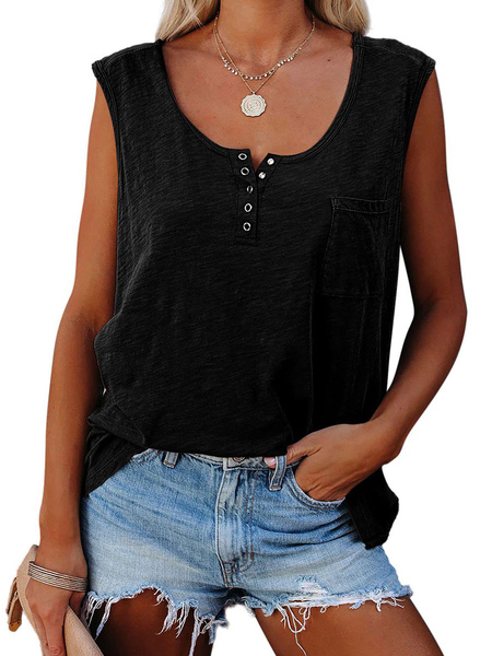 milanoo.com Black Cami Top V-Neck Buttons Casual Polyester Camis For Women