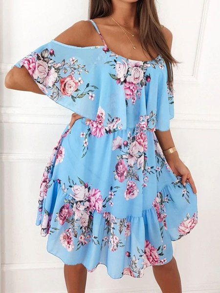 Skater Dresses Floral Print Polyester Straps Neck Pink Sexy Half Sleeves Fit And Flare Dress