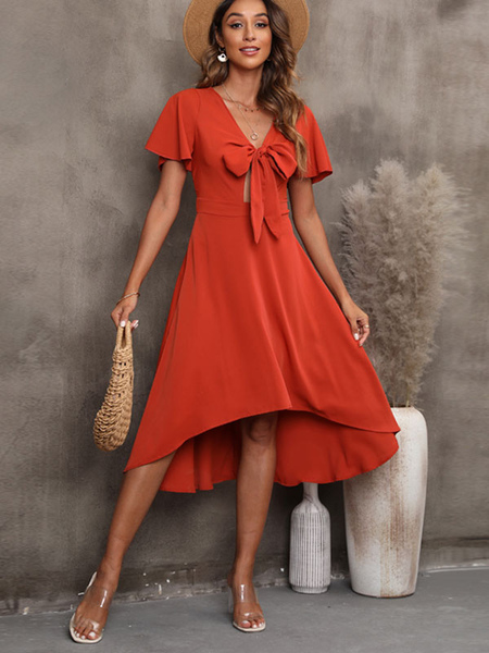 Summer Dress Zipper Brick Red Medium Beach Dress