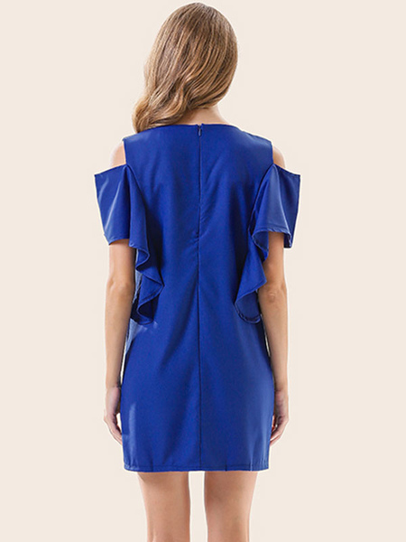 Summer Dress Jewel Neck Open Shoulder Blue Short Beach Dress