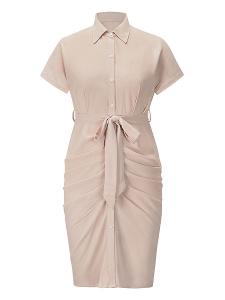 Dresses Shirt Dresses Midi Dress Apricot Turndown Collar Buttons Short Sleeves Polyester