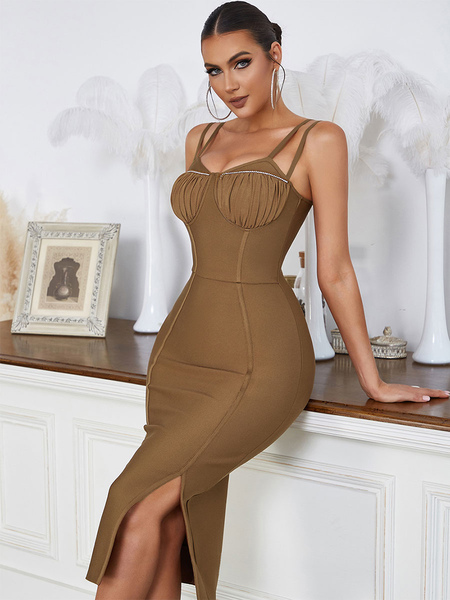 Party Dresses Coffee Brown Straps Neck Sleeveless Semi Formal Dress
