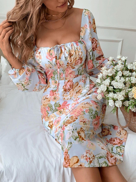 Summer Dress Square Neck Floral Print Lace Up Backless Lavender Medium Beach Dress