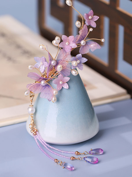Image of Accessori Lolita in stile cinese Fiori viola Perle Copricapo in metallo Varie