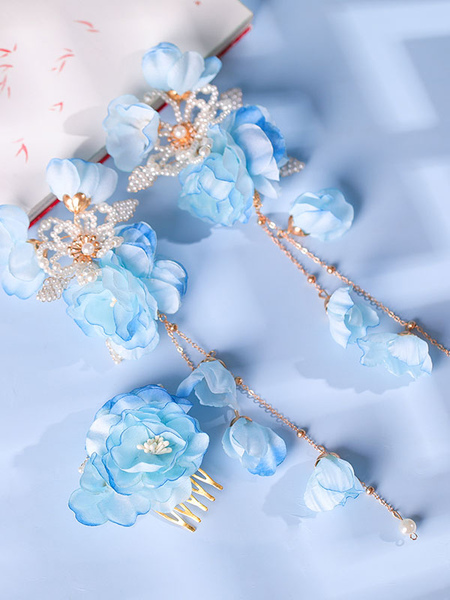 coiffure style chinois accessoires lolita fleurs bleu ciel clair perles chapeaux métal divers