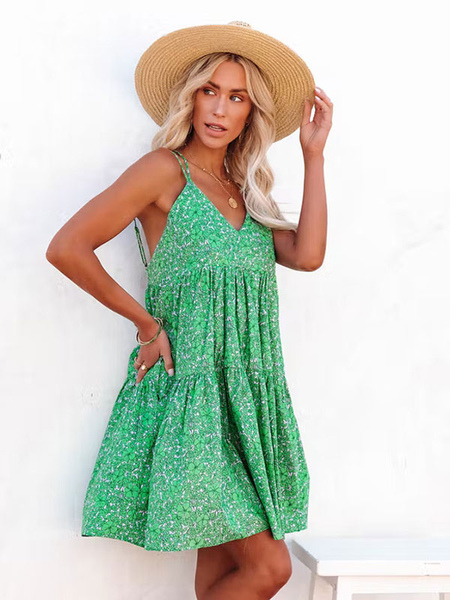 Shift Dresses Spaghetti Straps Sleeveless Floral Print Bohemian V-Neck Backless Green Tunic Dress