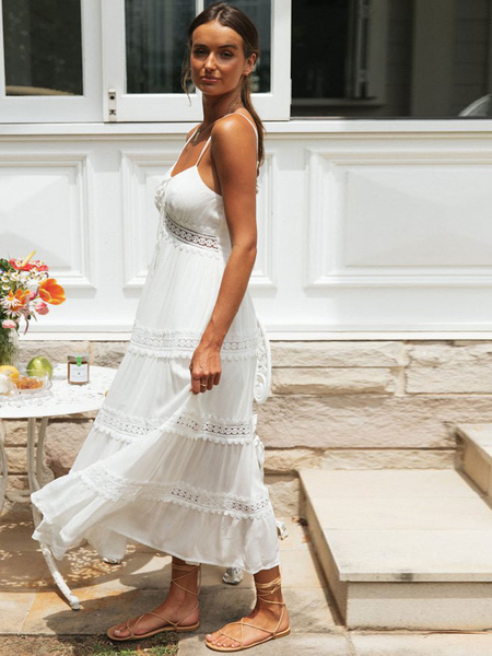 Summer Dress White V-Neck Polyester Beach Dress