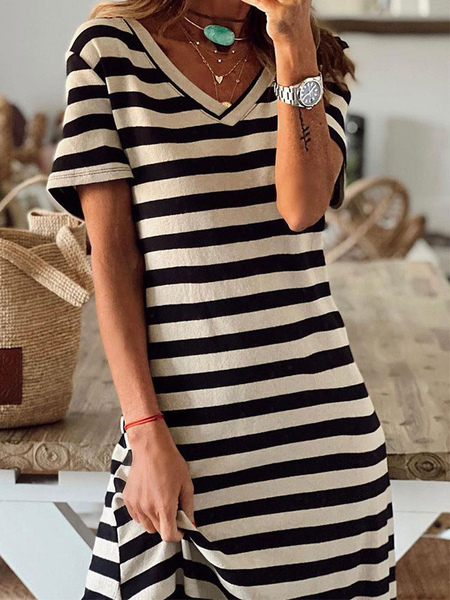Stripes Low-slit Polyester V-Neck Short Sleeves Midi Dress