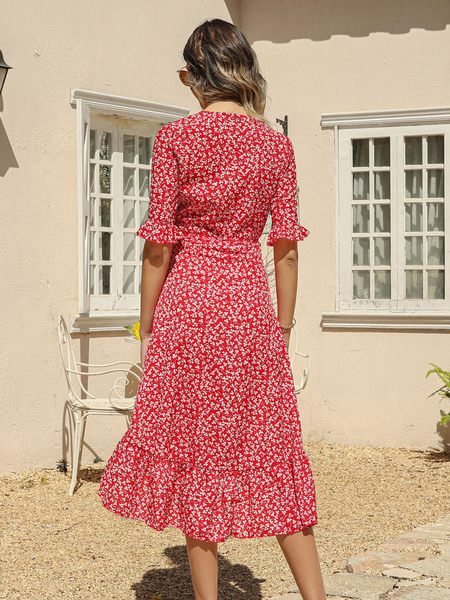 Summer Dress Coral V-Neck Ruffles Printed Chiffon Beach Dress