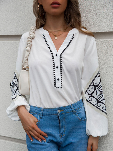 Image of Camicia per donna bianca poliestere scollo a V bottoni geometrici classici maniche lunghe top