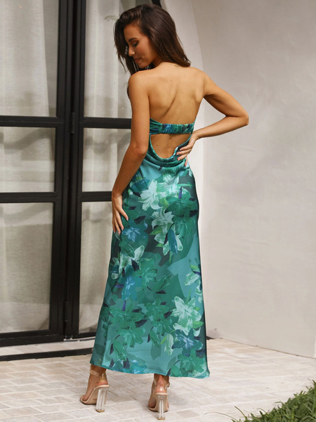 Floral Print Polyester Fashionable Dress Bateau Neck Sleeveless Midi Dress