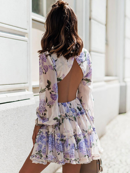 Mini Dresses Purple Floral Print Long Sleeves Chiffon Short Dress