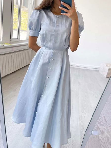 Buttons Polyester Fashionable Dress Jewel Neck Short Sleeves Midi Dress