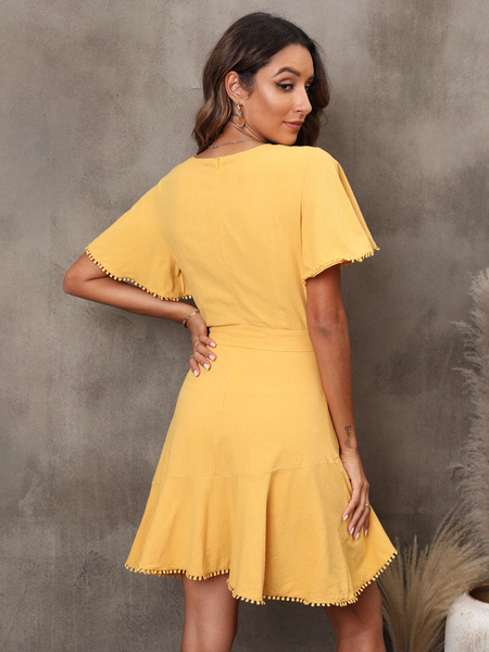 Summer Dress V-Neck Yellow Short Beach Dress