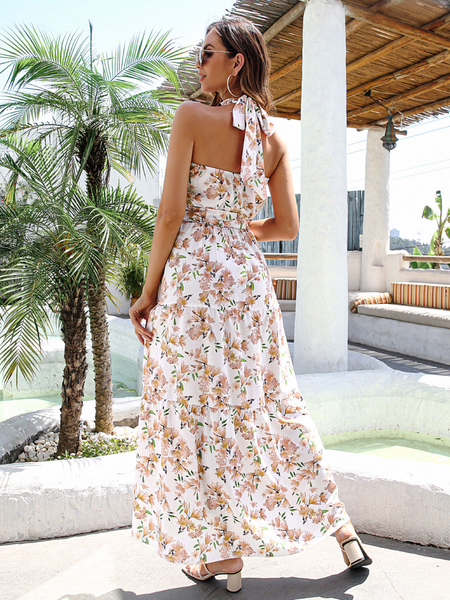 Maxi Dress Jewel Neck Sleeveless Polyester Casual Floral Print Floor Length Dress
