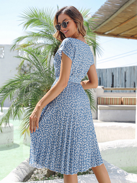 Summer Dress Light Sky Blue Floral Print Polyester Beach Dress