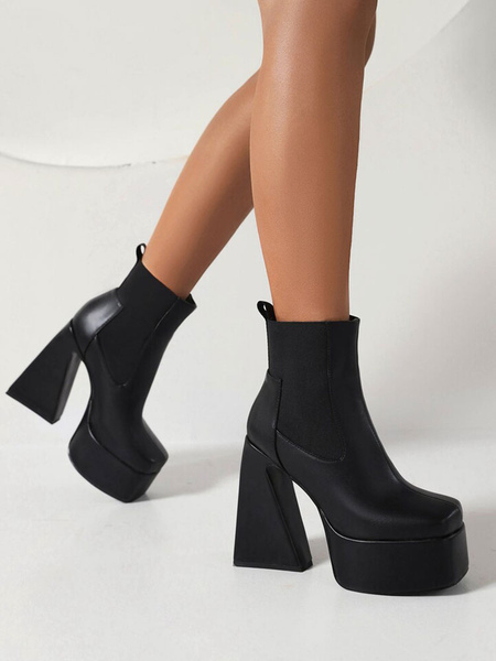 milanoo.com Black Ankle Boots Platform Square Toe Chunky Heel Booties