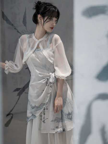 lolita robe plissée sans manches polyester style chinois encre art bleu