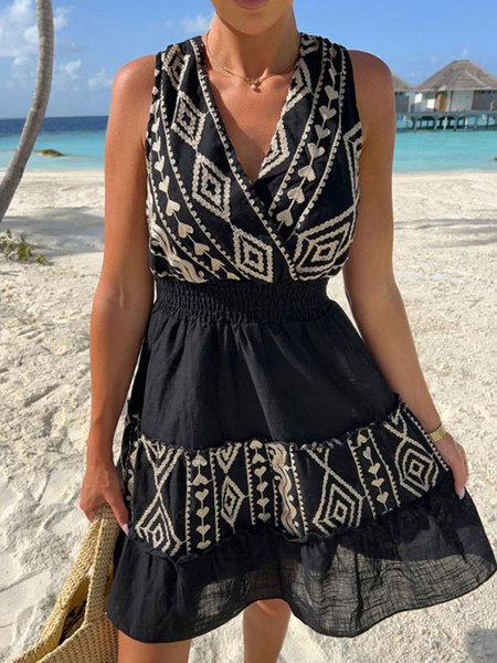 Summer Dress V-Neck Geometric Lace Up Backless Black Extra Short Beach Dress