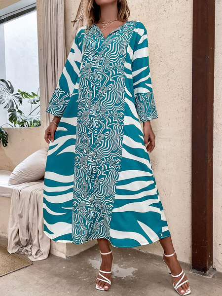 Polyester Bohemian V-Neck Long Sleeves Midi Dress