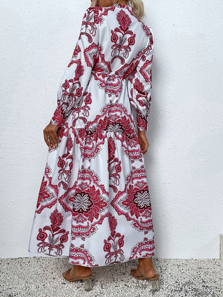 Lace Up Polyester Bohemian V-Neck Long Sleeves Midi Dress