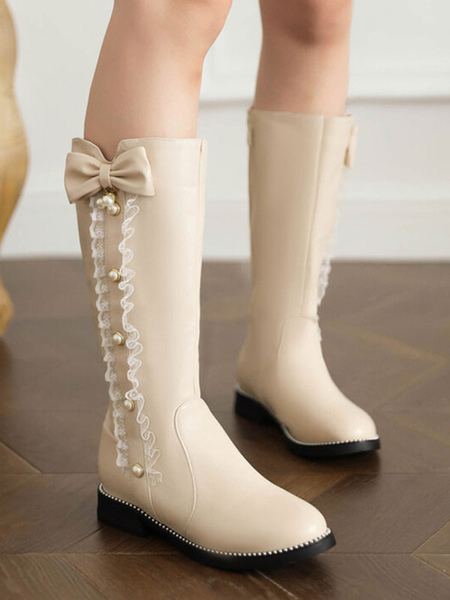 Image of Sweet Lolita Boots PU Leather Bows Punta tonda Calzature Lolita bianche ecru