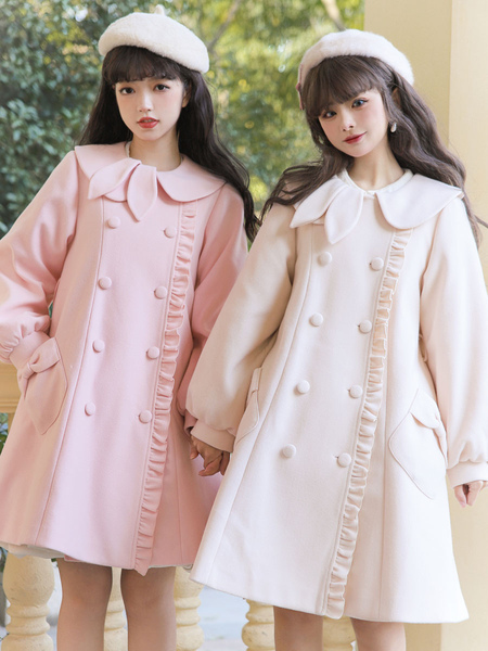 Image of Sweet Lolita Coats Pink Coat Ruffles Over Coat Polyester Winter Lolita Outwear