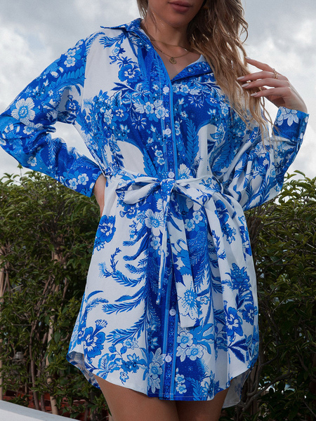Summer Dress Turndown Collar Printed Sash Blue Short Beach Dress