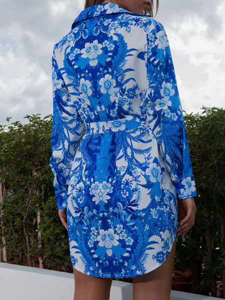 Summer Dress Turndown Collar Printed Sash Blue Short Beach Dress