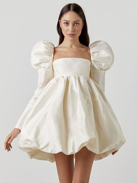 Mini Dresses Ecru White Long Sleeves Polyester Short Dress