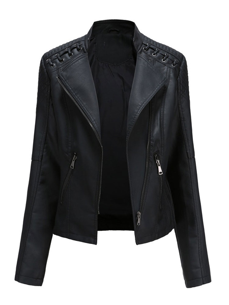 Faux Leather Moto Jacket Lapel Zip Up Deep Brown High Waist PU Spring Fall Biker Outerwear For Women