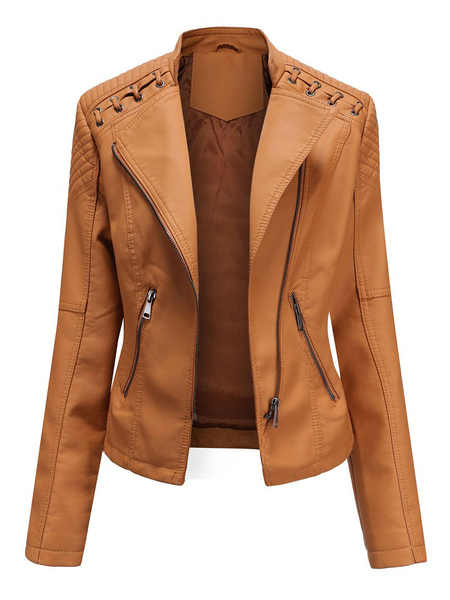 Faux Leather Moto Jacket Lapel Zip Up Deep Brown High Waist PU Spring Fall Biker Outerwear For Women