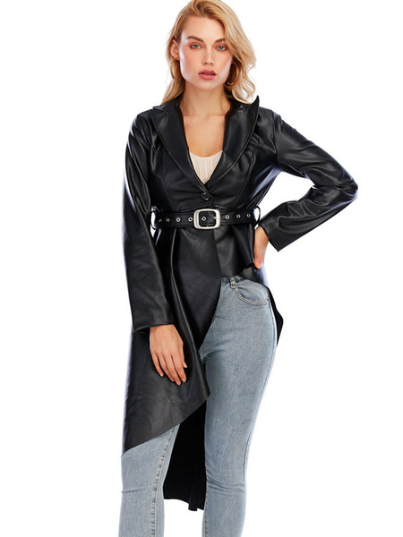 Faux Leather Tail Blazer Jacket For Women Black PU High Low Design Spring Fall Slim Fit Outerwear With Belt For Women