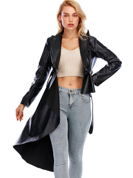 Faux Leather Tail Blazer Jacket For Women Black PU High Low Design Spring Fall Slim Fit Outerwear With Belt For Women