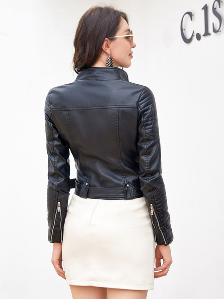 Faux Leather Jacket PU Belt High Waist Zip Up Lapel Spring Fall Street Biker Outerwear For Women