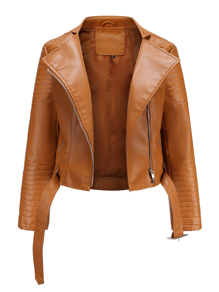 Faux Leather Jacket PU Belt High Waist Zip Up Lapel Spring Fall Street Biker Outerwear For Women