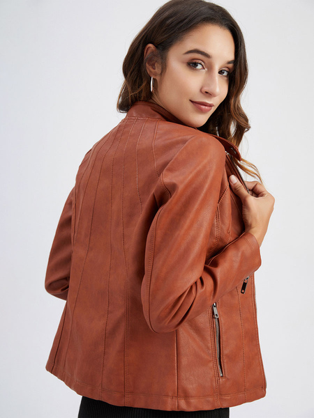 Faux Leather Jacket Camel PU Stand Collar Zip Up Spring Fall High Waist Street Biker Outerwear For Women