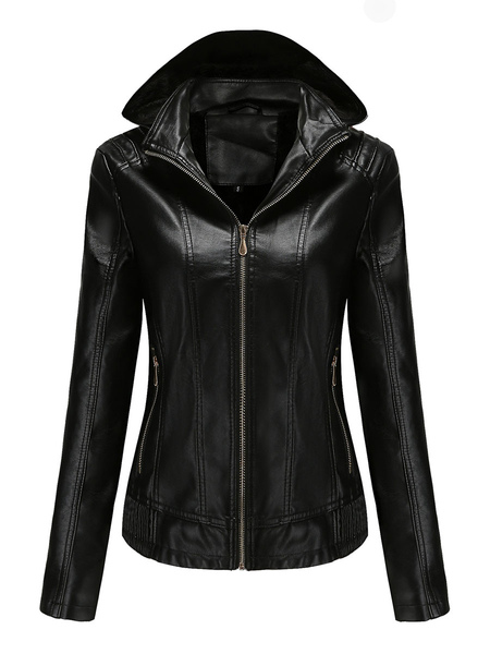 Faux Leather Jacket Black PU Hoodie Zip Up High Waist Spring Fall Slim Fit Street Biker Outerwear For Women