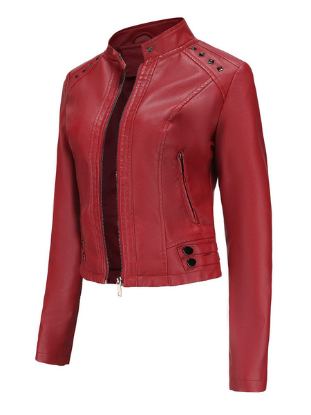 Faux Leather Jacket PU Rivet Zip Up Stand Collar Spring Fall Street Biker Outerwear For Women