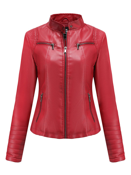 Faux Leather Jacket Black PU Stand Collar Zipper High Waist Spring Fall Street Biker Outerwear For Women