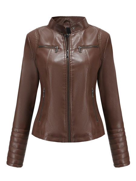 Faux Leather Jacket Black PU Stand Collar Zipper High Waist Spring Fall Street Biker Outerwear For Women