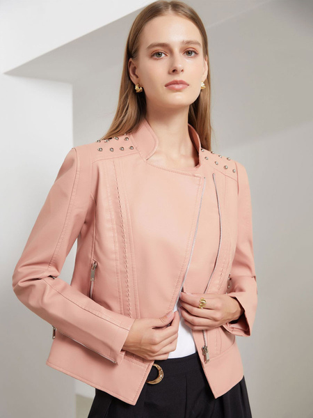 Faux Leather Jacket Pink PU Stand Collar Rivet Zip Up Spring Fall Street Biker Outerwear For Women