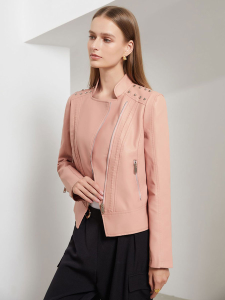Faux Leather Jacket Pink PU Stand Collar Rivet Zip Up Spring Fall Street Biker Outerwear For Women