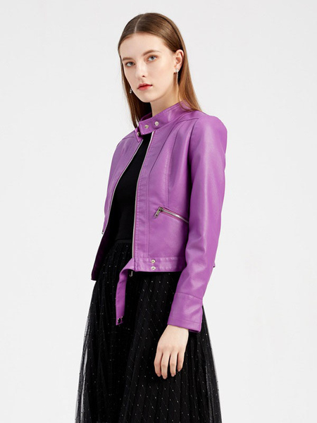 Faux Leather Jacket Purple PU Zip Up Solid Color Stand Collar High Waist Spring Fall Street Biker Outerwear For Women