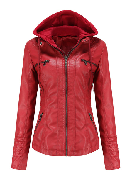 Faux Leather Jacket Detachable Hoodie PU Zip Up Solid Color Spring Fall Street Biker Outerwear For Women
