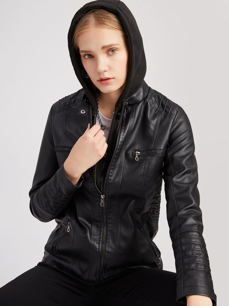 Faux Leather Jacket Detachable Hoodie PU Zip Up Solid Color Spring Fall Street Biker Outerwear For Women